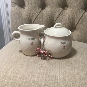 Dei Christmas farmhouse creamer and sugar  bowl with small sugar spoon.